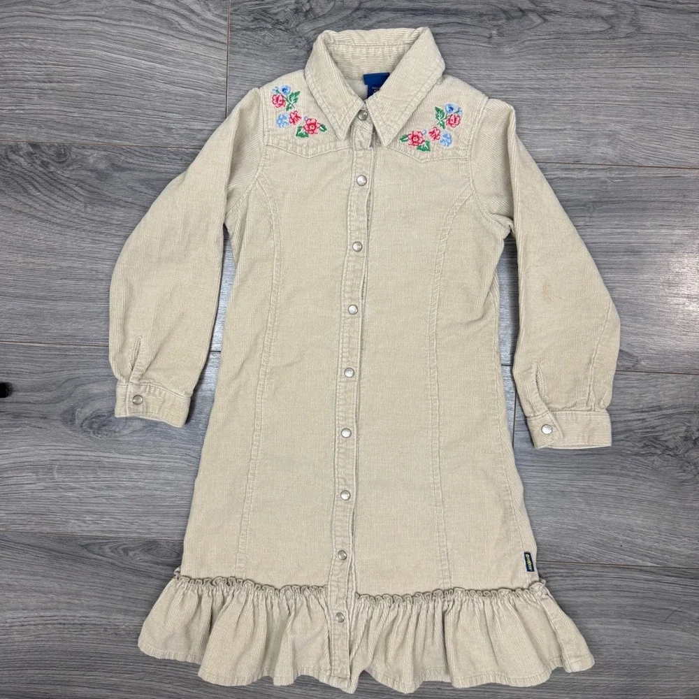 OshKosh Pearl Snap Floral Embroidered Beige Corduroy Dress Girls Size 4 Y2K‎